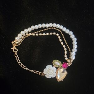 Betsey Johnson Pearl and Gold Bracelet with Floral Charm